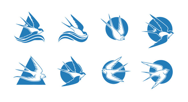 Set of eight minimalist blue swallow bird icons and logos with circle, triangle, and wave elements