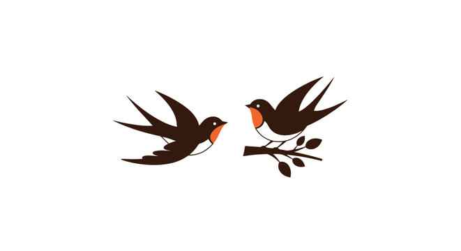Minimalist illustration of two swallows one flying and one sitting on a tree branch with orange breast details