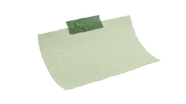 Single piece of light green textured paper with torn edges attached with a piece of green masking tape, isolated on a plain white background