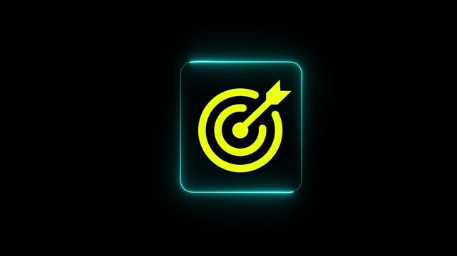 Neon Target Goal Achievement Icon with Arrow Hitting Bullseye on Black Background 4K Animation....