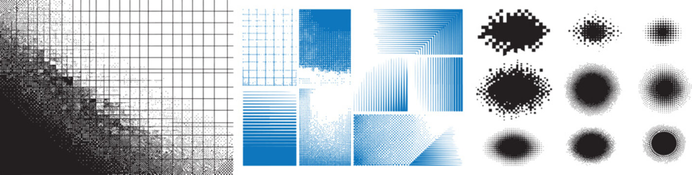 Halftone and dither gradient vector textures with pixelated blobs grid patterns and screentone effects for retro graphic design