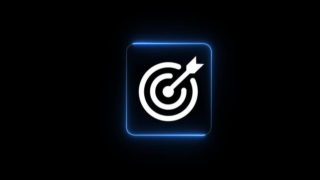 Neon Target Goal Achievement Icon with Arrow Hitting Bullseye on Black Background 4K Animation....