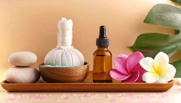 Holistic Skin Care Still Life Composition Essential Oil Bottle Salt Scrab Rosef And Rangipani Flower On Beige Background Spa And Auyrveda Beauty Centre