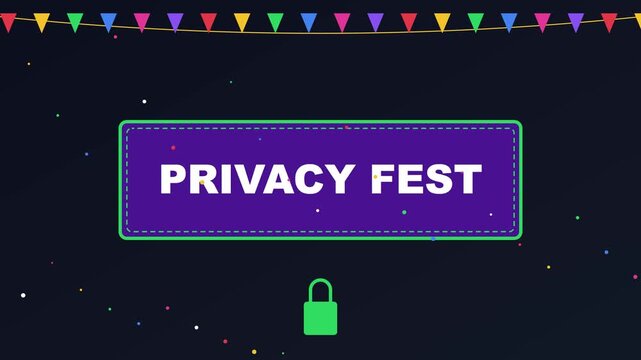 Privacy fest celebration motion with digital security lock and festive bunting for data protection and cyber awareness events animation 4k