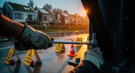 Obraz premium Industrial Worker Tightens Bolt In Rainy Urban Setting