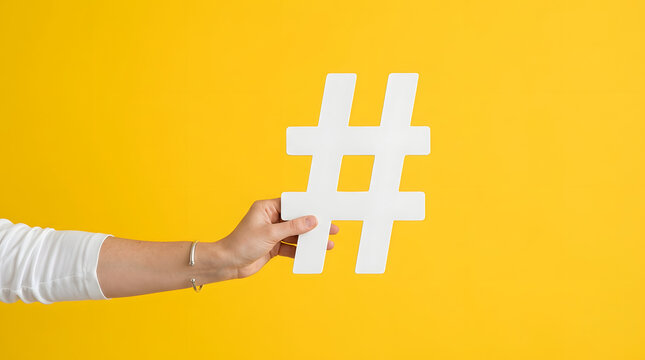 Hand holding white hash symbol against yellow background with hashtag sign against social media copy space flat lay communication technology