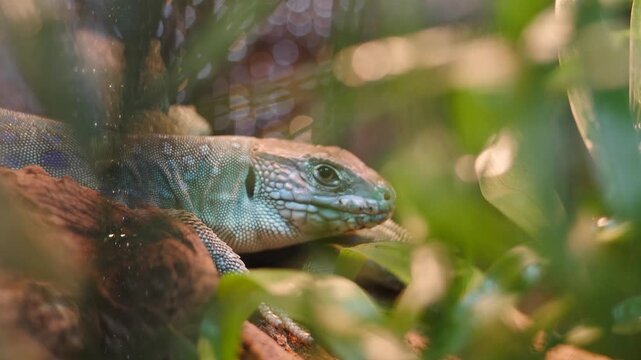 Savannah monitor (Varanus exanthematicus) on textured rock. Grainy scales, robust head and sharp claws are visible. soft-focus green foliage in background. Perfect for wildlife, education. 4 k video