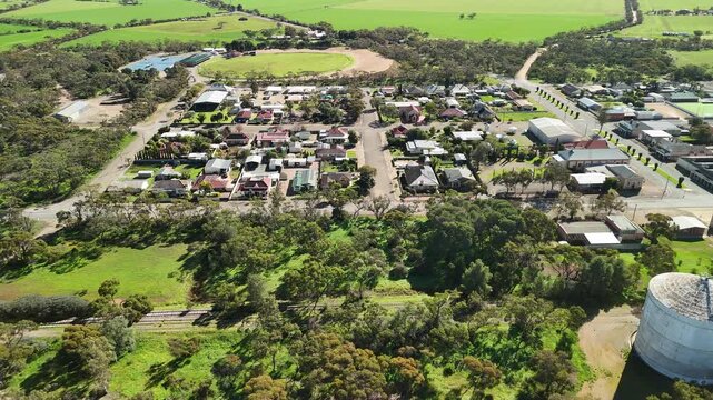 Bute, South Australia &ndash; 4K aerial drone view of rural township, Yorke Peninsula farmland, agricultural landscape, residential houses, grain silos, country roads, Australian countryside.