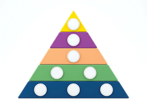 A colorful five level pyramid toy with circular cutouts on a white background.