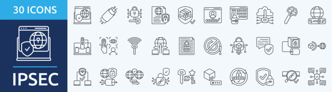 IPSEC - Icon Collection. Thin outline Set contains such Icons as  vpn tunnel, encryption, confidentiality and more. Simple web icons set
