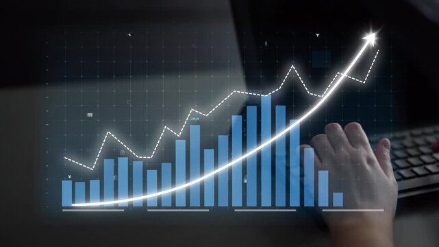 An abstract representation of financial growth featuring upward trending graphs and charts displayed on a laptop, symbolizing business success and analysis. Copula