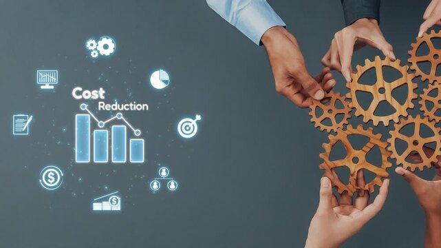 Two hands hold gears while digital icons of cost reduction and graphs display. This image symbolizes collaboration in modern business strategies for efficiency. Raster