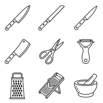 Kitchen Utensils Icons Set: Knives, Peeler, Grater, Scissors, Mortar Pestle