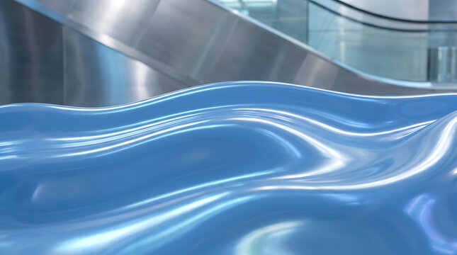 Futuristic architectural curves with glossy blue metallic waves on a sleek modern escalator background for backdrop