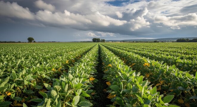 Lush green crop field under cloudy sky. Agricultural landscape with vibrant plants.