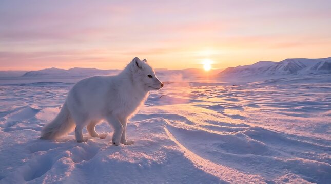 Arctic fox standing in snowy landscape during sunset