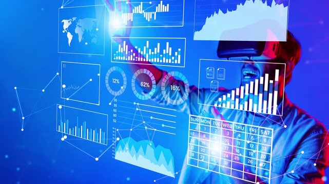 Futuristic Virtual Reality Experience with Data Visualization and Statistical Analysis by a User in a High-Tech Environment Gluon.