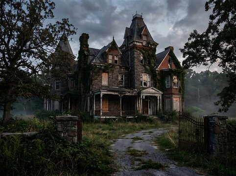 Eerie Victorian Mansion Abandoned in a Misty Overgrown Landscape at Twilight