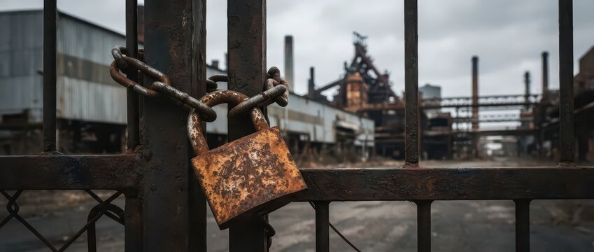 A closed factory stands behind rusty gates, securely locked, symbolizing the industrial decline and economic challenges that continue to affect the surrounding community