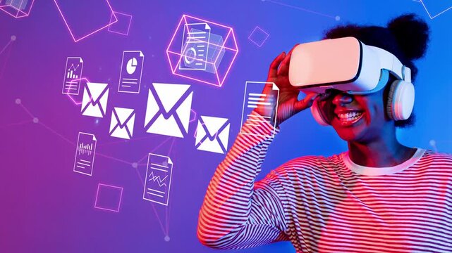 Young woman wearing virtual reality headset exploring digital communication concepts, with colorful graphics and holographic icons representing emails and data Gluon.