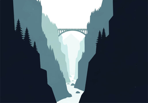 Majestic mountain canyon with a river flowing below and a bridge spanning the gap in a flat design style