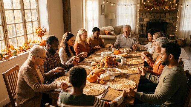 Multiracial Family Holding Hands and Praying Together at Thanksgiving Dinner Table