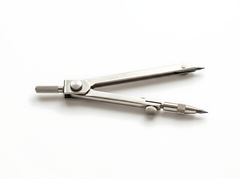 A metallic drafting compass used for geometry and technical drawing.