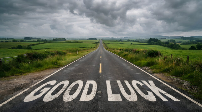 Straight asphalt road with good luck written large in white letters across the surface with long straight country road phrase inspiration countryside