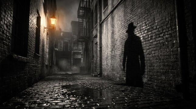 Mysterious Figure in Dark Alley: A shadowy figure in a fedora hat stands ominously in a dimly lit, narrow cobblestone alley, with a lone gas lamp casting an eerie glow on the wet pavement.
