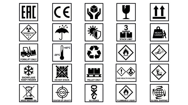 Logistics and product certification icons for international shipping.