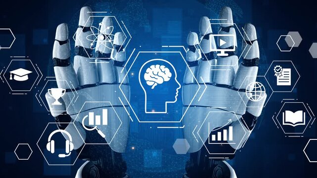 Futuristic robot hands holding a brain icon in a digital space surrounded by icons representing technology, education, and data management systems Gluon.
