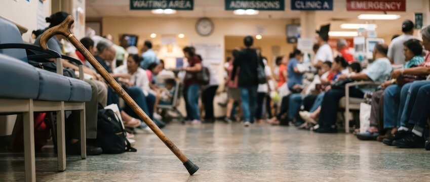 The packed waiting area of a public hospital underscores significant issues surrounding healthcare access and the broader social challenges faced by many individuals in need of medical services