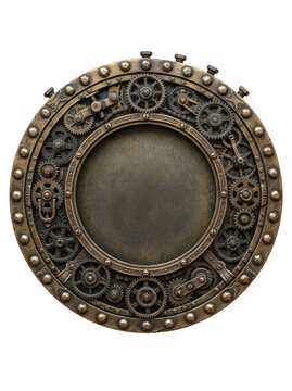 A decorative metal frame features a central circular opening surrounded by intricate steampunk gears and cogs.