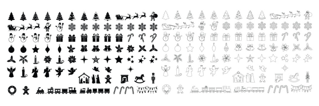 Christmas holiday icons set with trees, santa, gifts, snowflakes, and decorations
