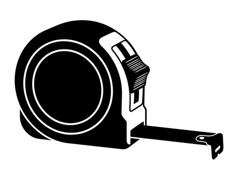 A black and white graphic illustration of a retractable metal tape measure tool.