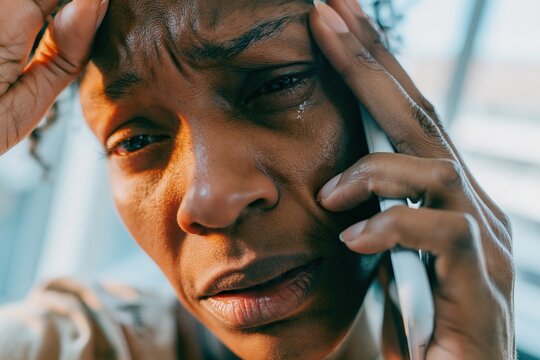 Close up of a distressed woman crying while holding a smartphone to her ear, showing textured skin and teary eyes for mental health advocacy