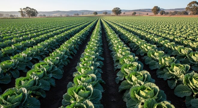 Lush green vegetable farm with rows of leafy greens. Agricultural landscape showcasing fresh produce and rural farming practices.