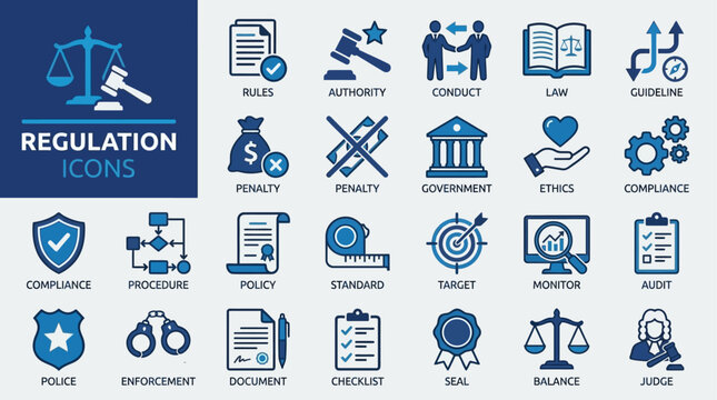 Professional Regulation Line Icon Set Featuring Legal Authority Conduct Law Guideline for Corporate Compliance Governance Policy Standard and Official Requirement Symbols
