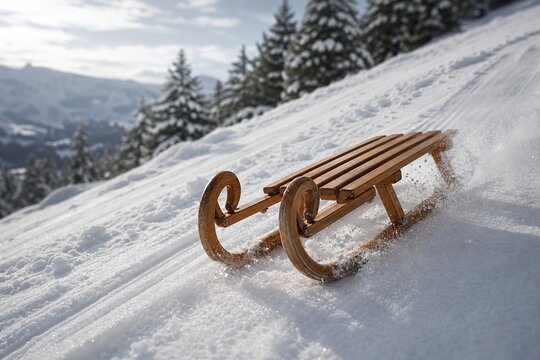 A wooden toboggan sliding down a snowy slope, leaving smooth tracks in fresh white snow, cinematic winter scene.