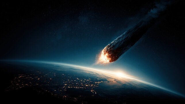 Glowing flaming large asteroid moving towards planet Earth in dark starry outer space showing catastrophic potential impact event and astronomy concept