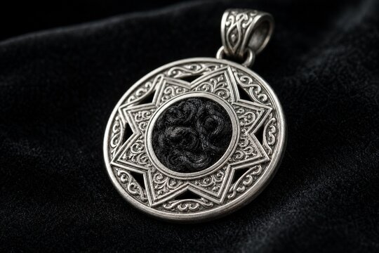 Silver pendant with Central Asian patterns and embedded black lamb fur.