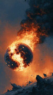 Burning exploding planet with trailing dark smoke flying over apocalyptic rocky debris landscape showing sci-fi end of world disaster artistic concept