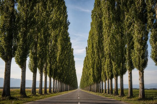 Road flanked by tall poplar trees receding into the distance.
