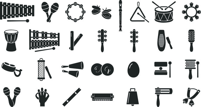 Preschool Music Education and Kids Percussion Instrument Icon Set with Xylophone, Tambourine, Maracas, Shakers, and Elementary Classroom Rhythm Performance Symbols
