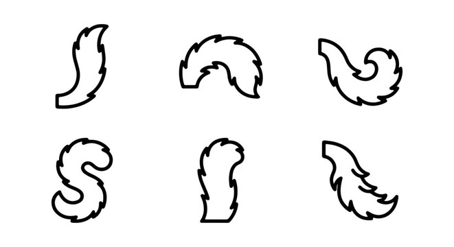 Fluffy animal tails vector set, outline cartoon pet tail icons, black and white design elements