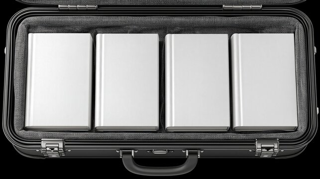 Top view of open black hardshell briefcase with four blank white hardcover books arranged neatly inside ideal for business document or legal case mockup design