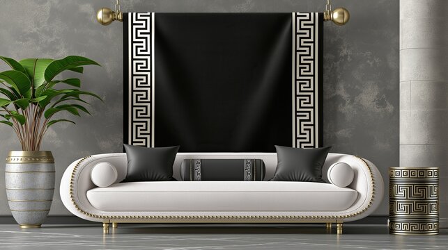 Luxury modern living room with light off-white sofa decorated with gold studs black cushion and Greek key pattern decor with big green plant on gray concrete wall
