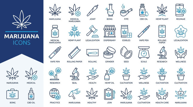 Comprehensive Medical Marijuana and Cannabis Culture Linear Vector Icon Set Featuring Editable Botanical Leaves Laboratory Flasks Pharmaceutical Bottles Hemp Products and Therapeutic Equipment
