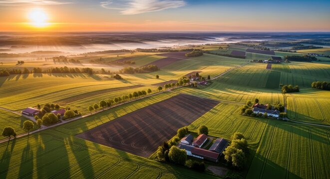 Aerial view of lush farmland at sunrise. Scenic landscape with vibrant fields and rural homes, showcasing agricultural productivity and natural bea...