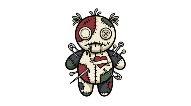 Creepy Voodoo Doll with Pins Stuck In, Scary Doll Illustration